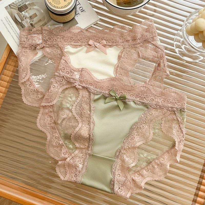 Pure Desire Lace Panties for Women Summer Thin Sexy Bow Satin Breathable Girl High Slit Low Waist Briefs