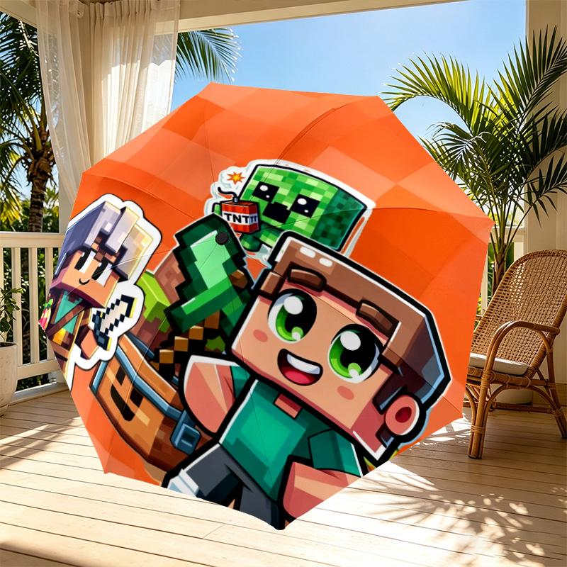 Sandbox Game Print Automatic Open Close Umbrella, Portable Foldable Umbrella, for Outdoor Commute Camping Trip, Ideal Birthday Gift