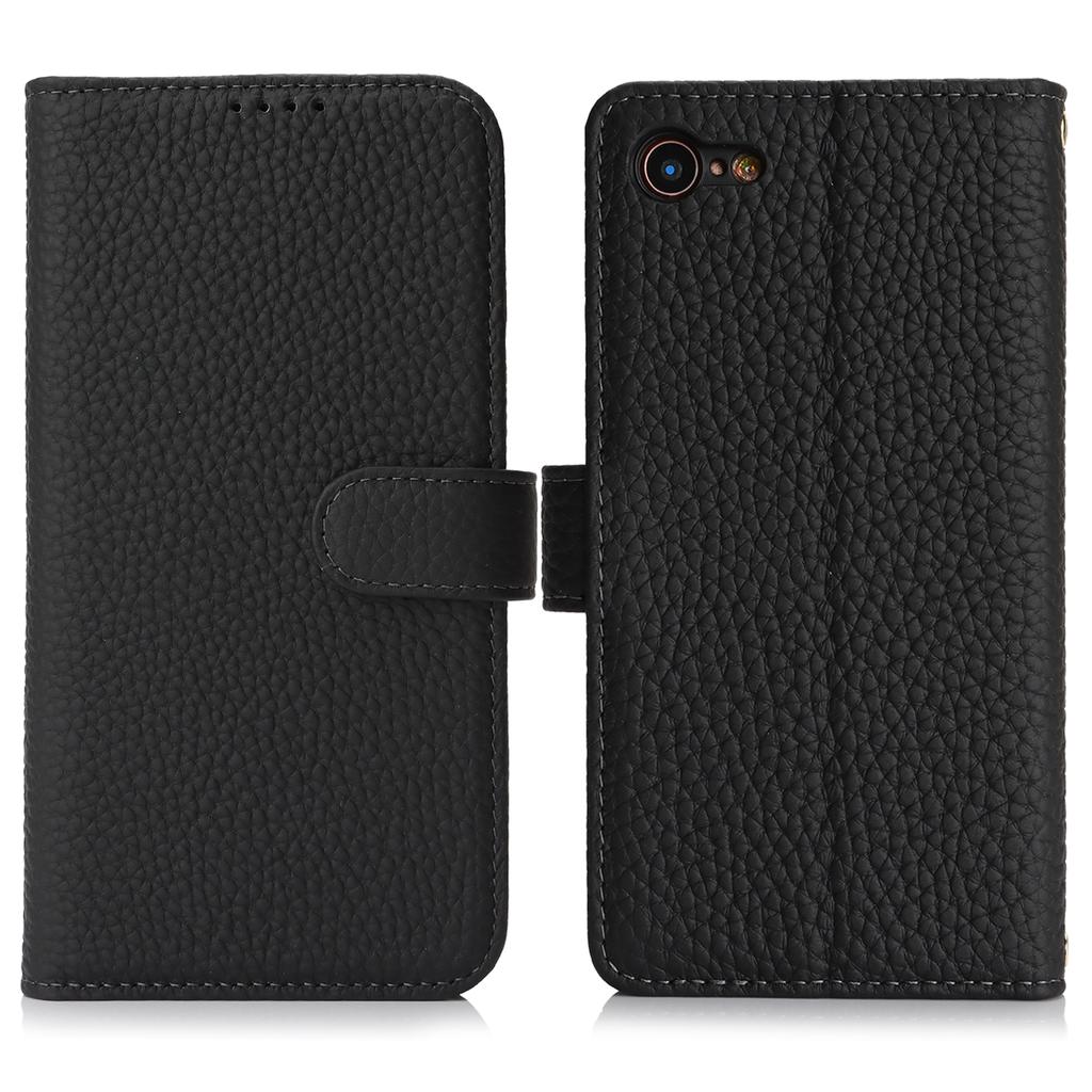 For iPhone SE (2022)/(2020)/8/7 Stand Case Litchi Texture Genuine Cow Leather Wallet Phone Cover RFID Blocking