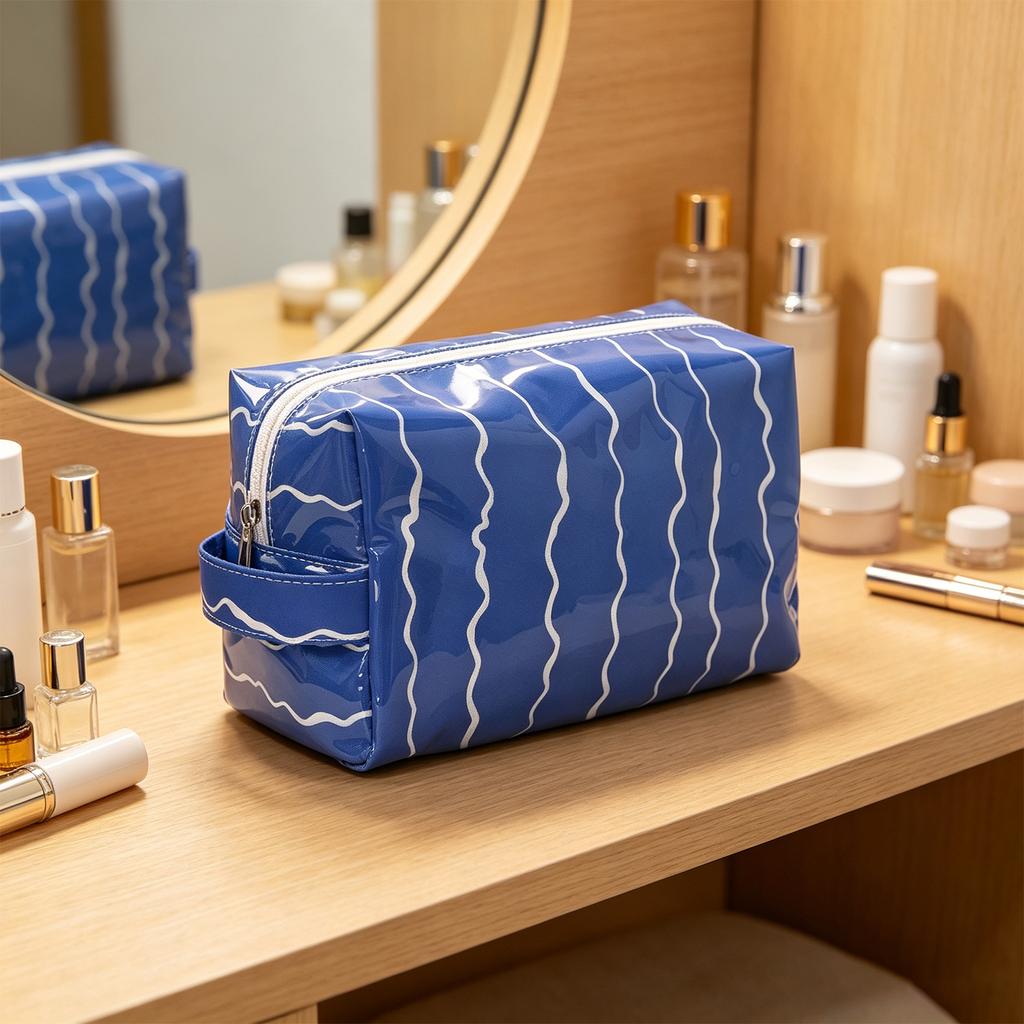 Wavy Pattern PVC Cosmetic Bag Large Capacity Waterproof Travel Toiletry Organizer Portable Storage Pouch with Handle for Bathroom