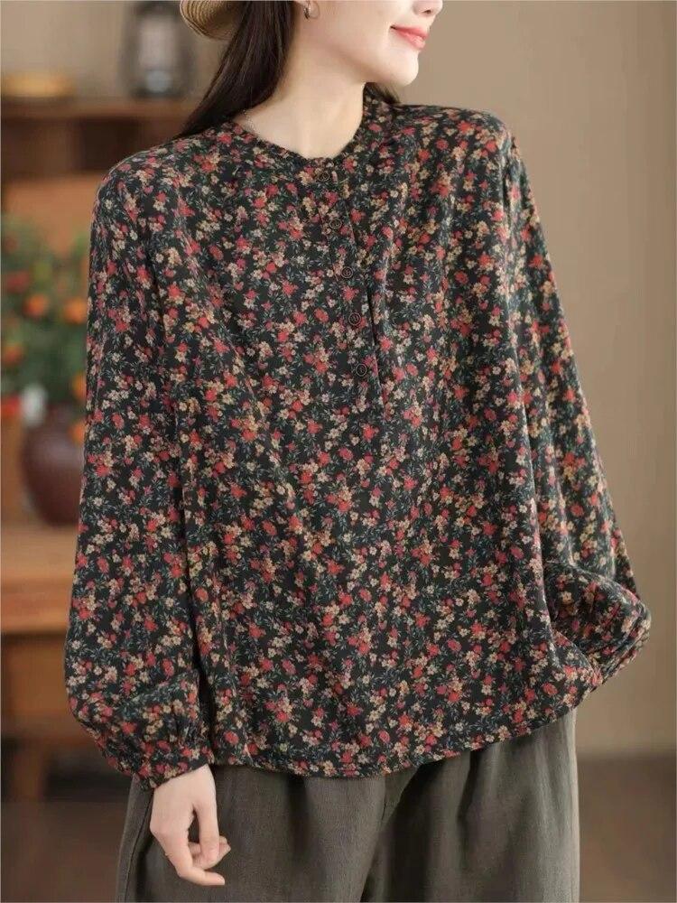 Johnature Women Vintage Print Floral T-Shirts Long Sleeve O-Neck Spring Tees Double Cotton Soft Loose Women T-Shirts