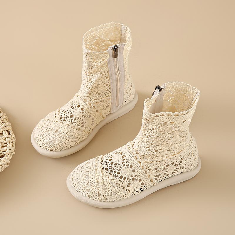 2025 Botas Huecas para Mujer Zapatos de Malla Transpirables Verano Tobillo Femenino Botas de Punto Planas Cremallera Punta Redonda Calzado Liso