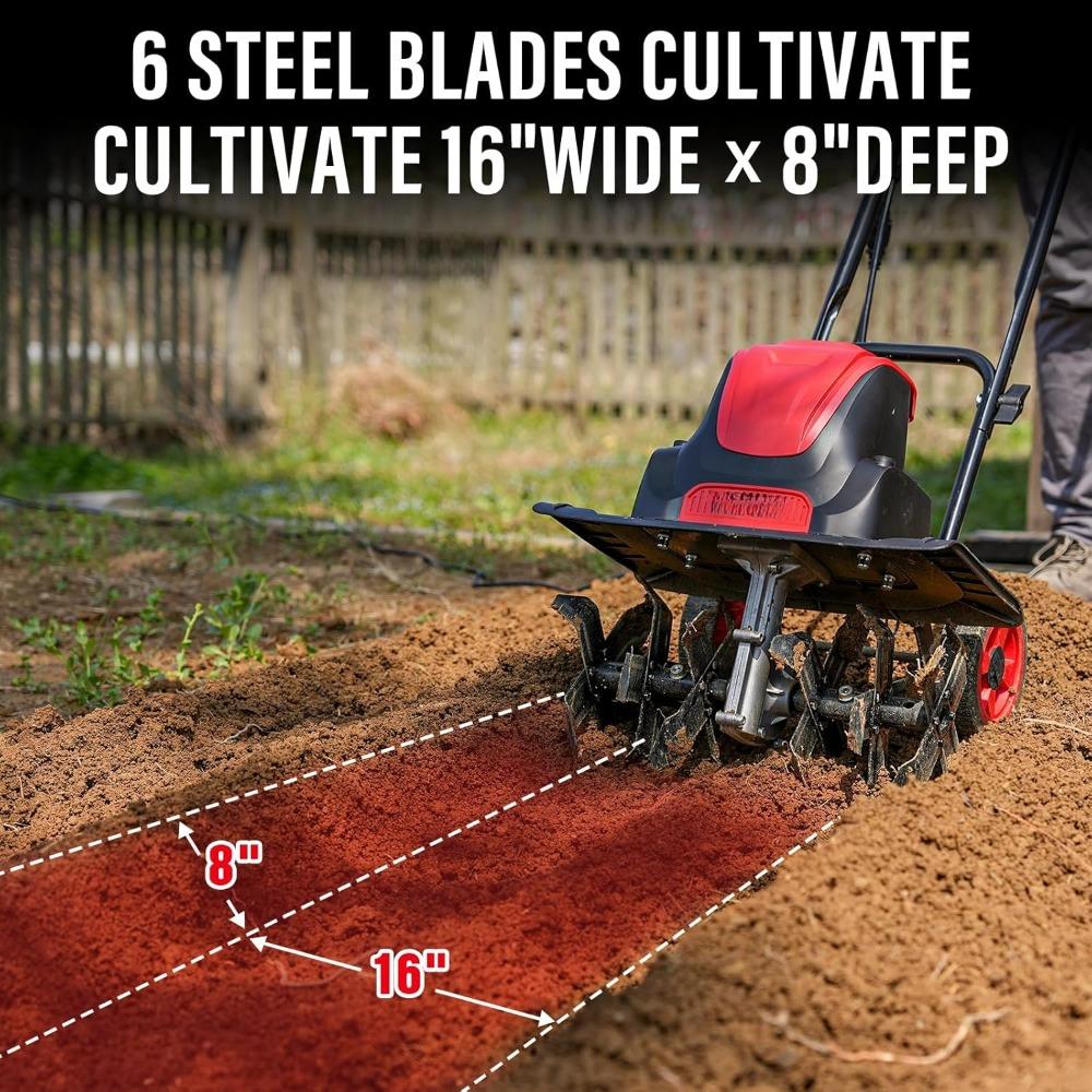 16-Inch 13-Amp Corded Electric Tiller/Cultivator, 8-inch Tillling Depth with Adjustable Wheels, Foldable Electric Rototiller
