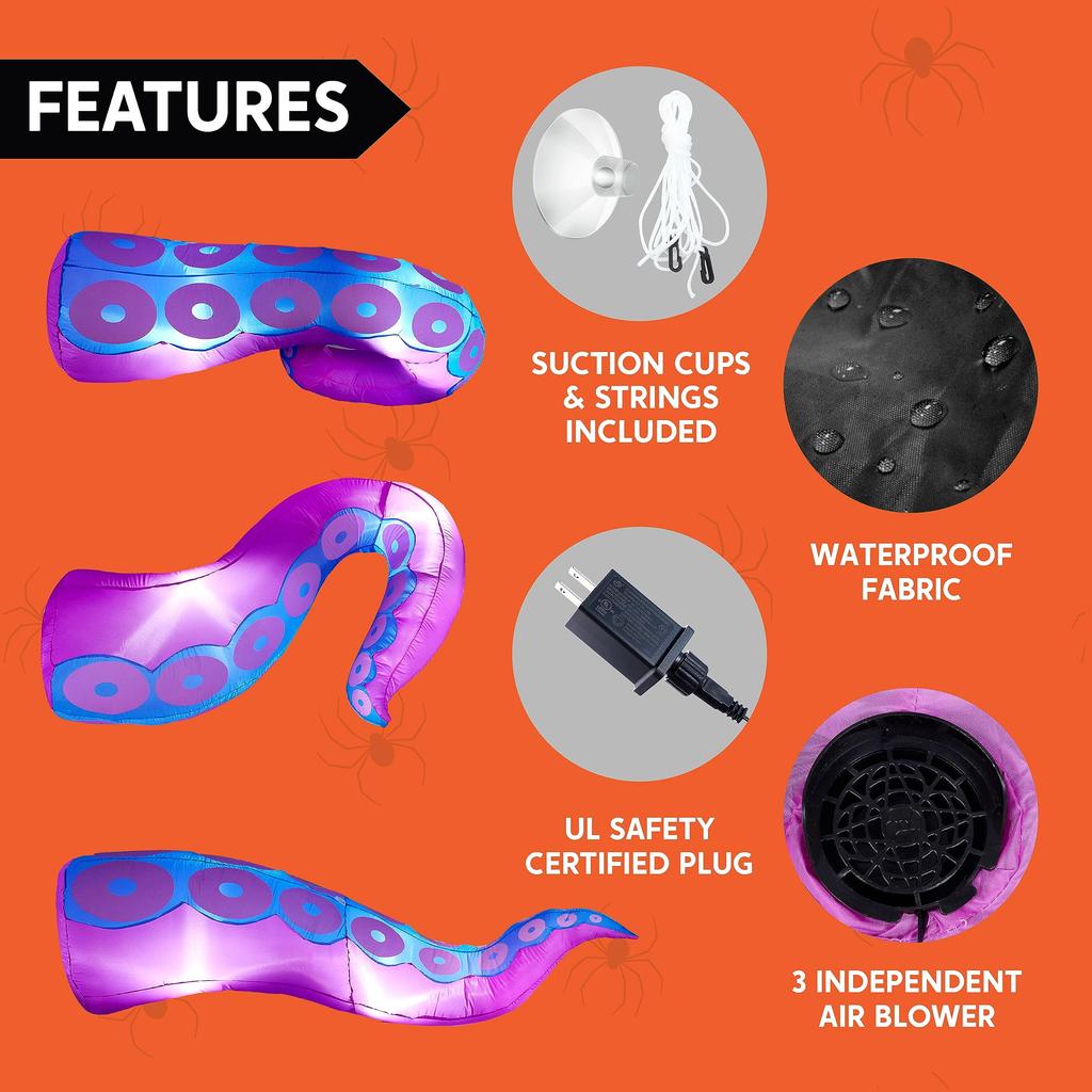 Joyfy Halloween Uppblåsbar Utomhus 3 st Jättebläckfisk Tentakel Bröt Ut från Fönster Blås Upp Uppblåsbar för Fönsterdekoration