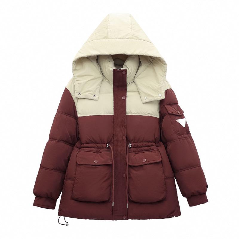 Windkontrastfarben kurze Daunenbaumwollkleidung Damen Winter Neu Taille Kapuze Locker Verdickt Mantel