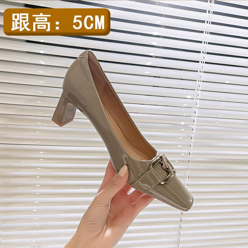 High heels women's thick heels are not tired of feet 2025 new spring and autumn women's shoes patent leather French square head shallow mouth single