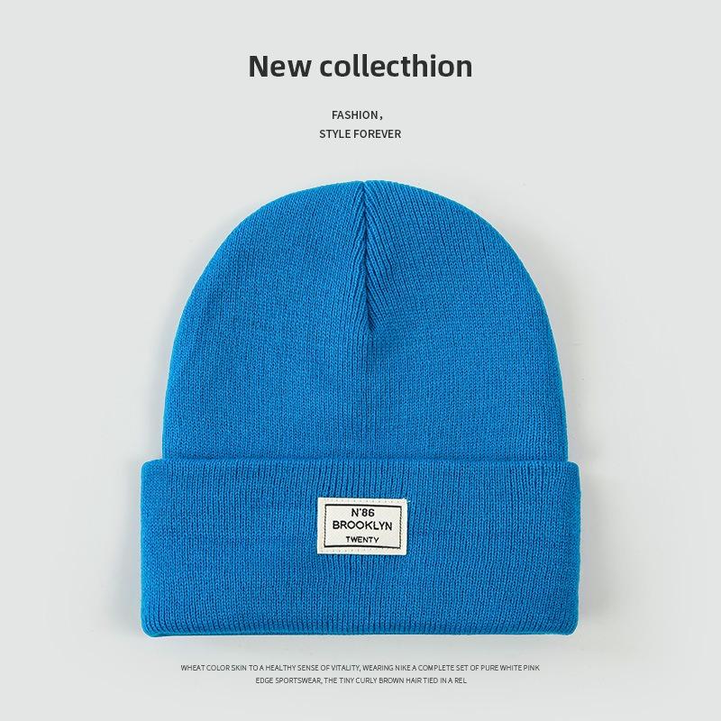 Autumn and Winter Knitted Hat Niche Personality Fashion Melon Rind Wool Hat Warm Protection Amount Simple Letter Cloth Label Cold Hat