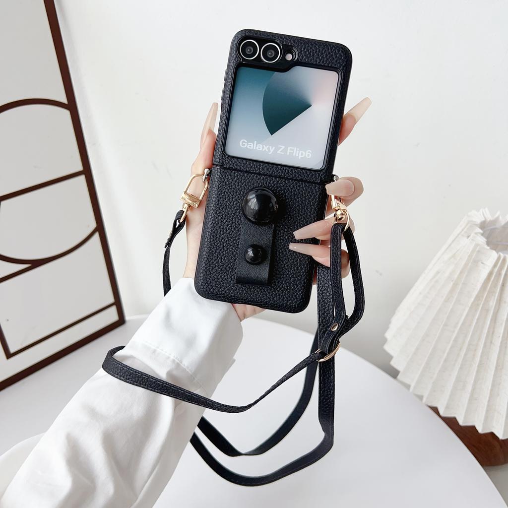 Leather Finger Ring Stand 3pcs Folding Case For Samsung Galaxy Z Flip6 Flip5 Flip4 Flip3 Crossybody Lanyard Shockproof Matte Slim Phone Cover