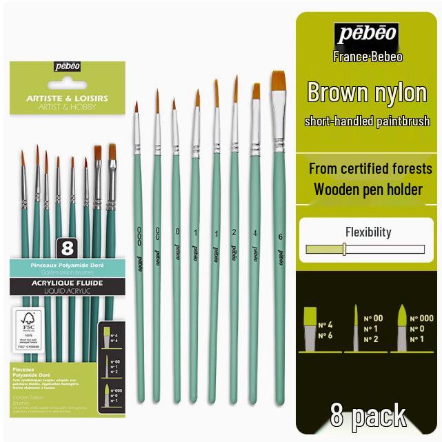 Beibiao 8-Piece Nylon Brush Set for Watercolor, Gouache, Acrylic, and Oil Painting