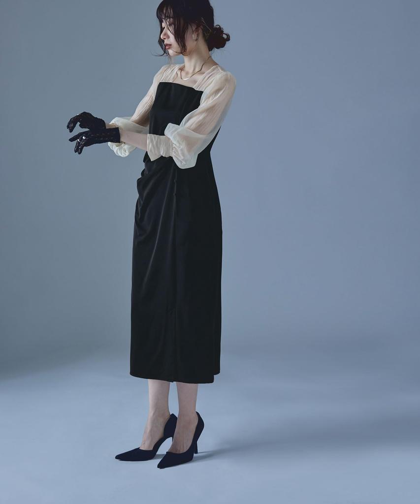 Draped Long Occasion Black x Size M [etoll] I-Line Dress, Sleeve, Dress, Beige,