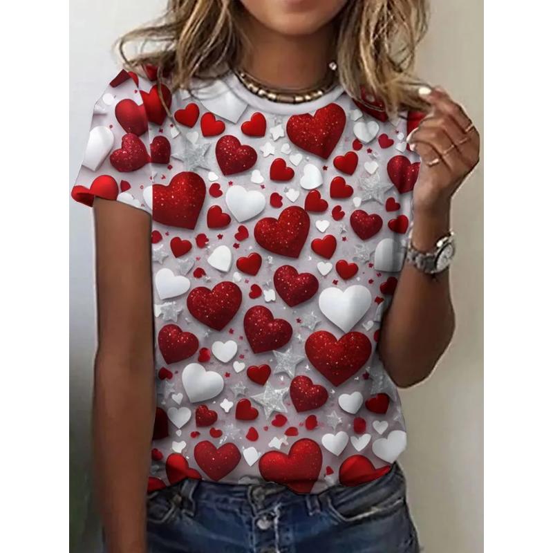 Fashion Women's Clothing Love Short Sleeve Crew Neck Short Sleeve Crew Neck T-Shirt 3D Love Rose Color Printing Rose Short Sleeve Tees