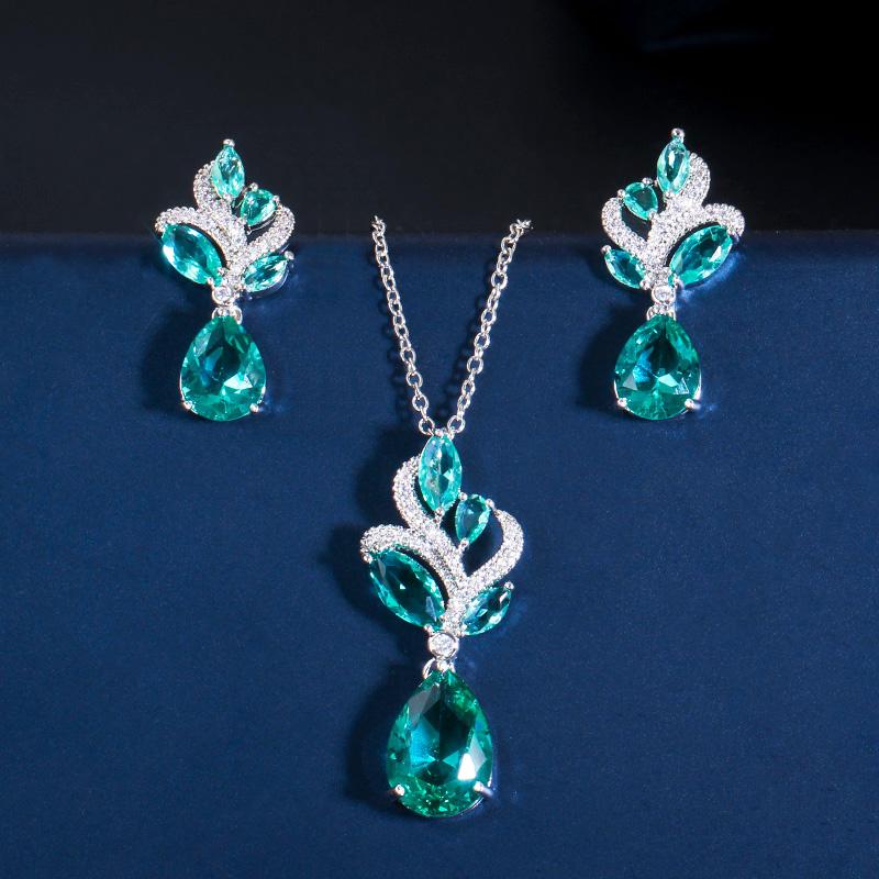 Chic Bright Blue Waterdrop CZ Cubic Zircon Crystal Leaf Pendant Necklace and Earrings Ladies Jewelry Set Fashion Korean Style