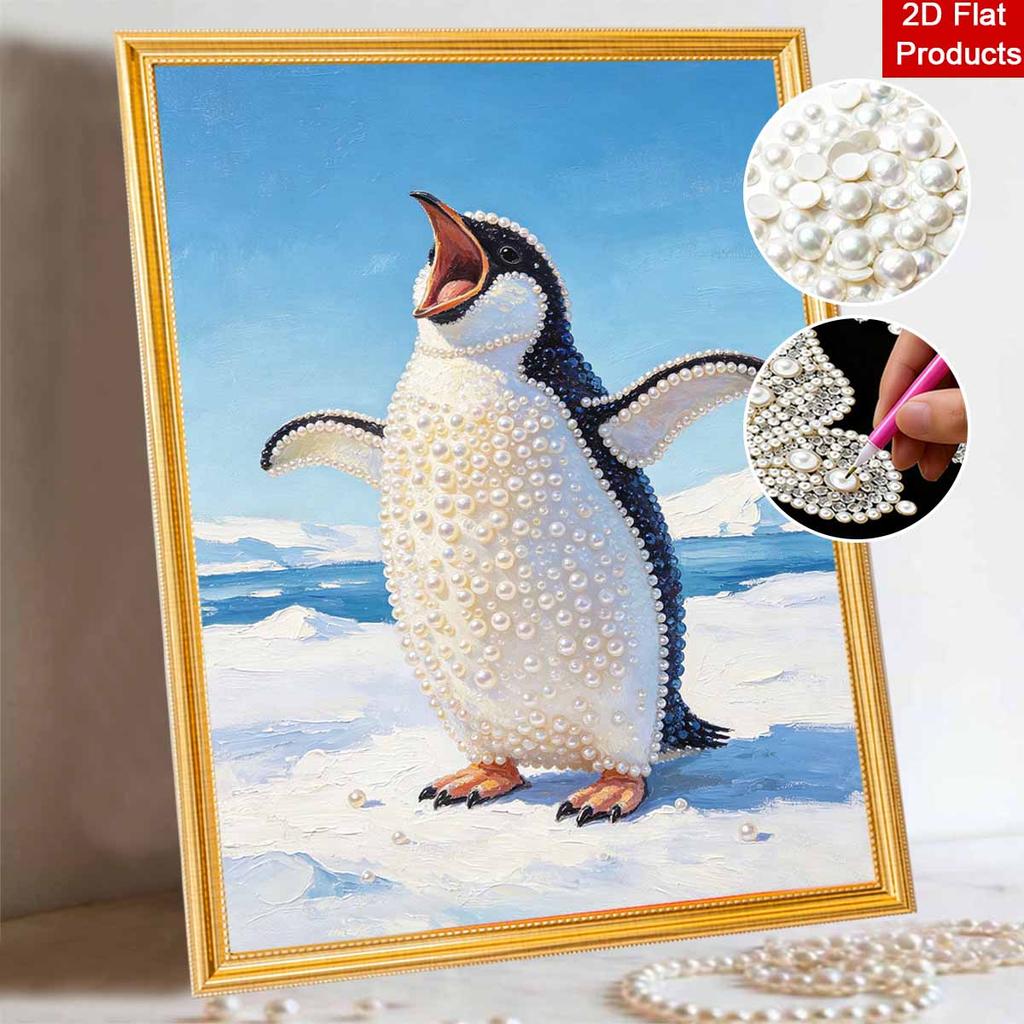 Sparkling Pearl Painting on Stretched Frame Cute Penguin Design DIY Bead Art Canvas Relaxing Hobby Gift for Craft Lovers Creative Decor