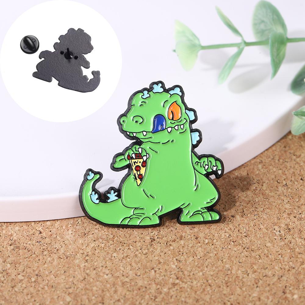 Explosive creative cartoon green eat pizza dinosaur alloy brooch clothes bag decorative metal badge zinc alloy