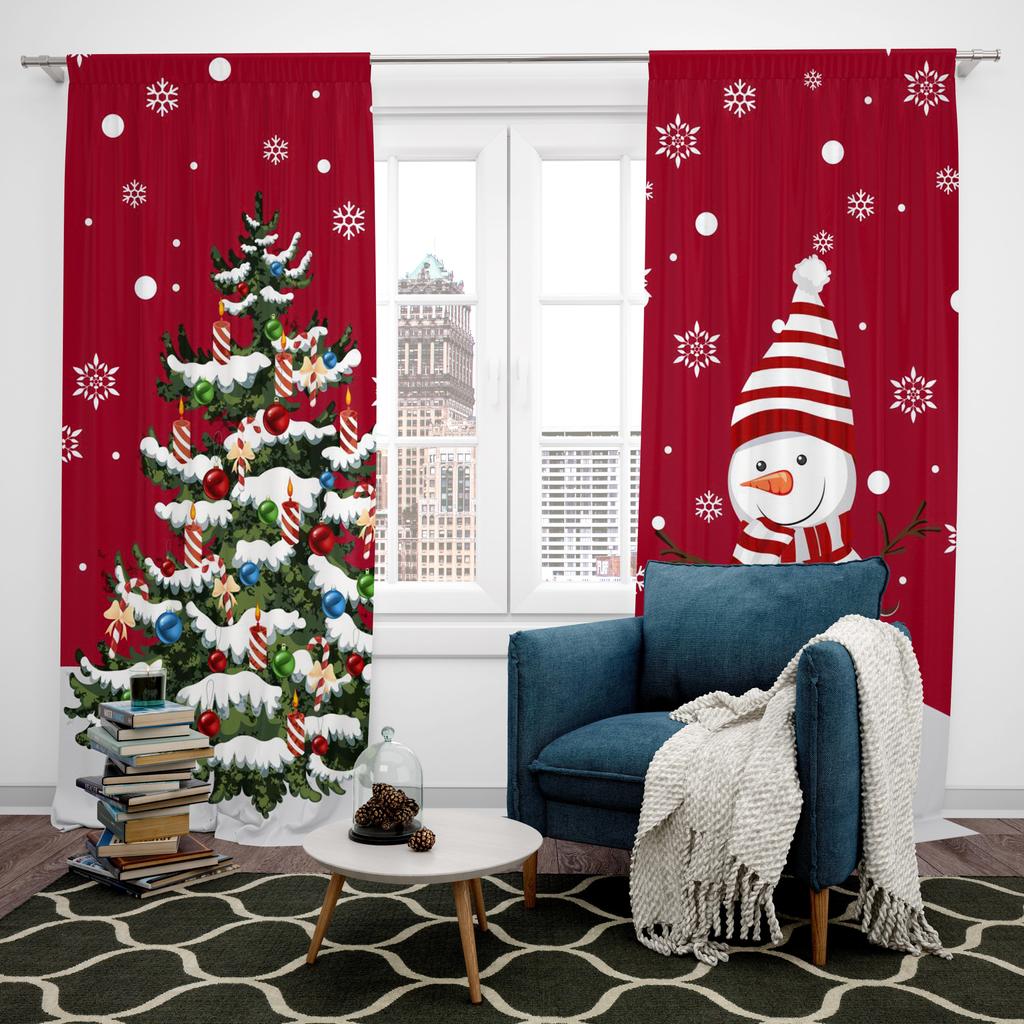 2 Pieces of Christmas Tree Printing Curtain - Polyester Material - Suitable for Bedroom Living Room Study Room Privacy Curtain