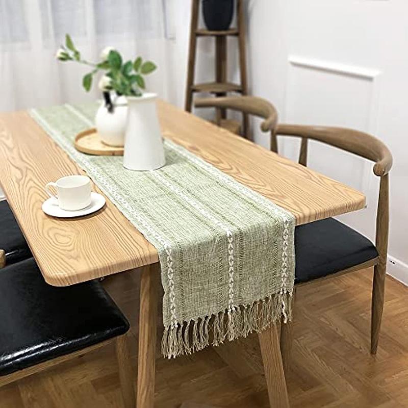 Retro Table Runner Elegant Hand Woven Cotton Linen Dining Table Runner with Tassels for Wedding Home