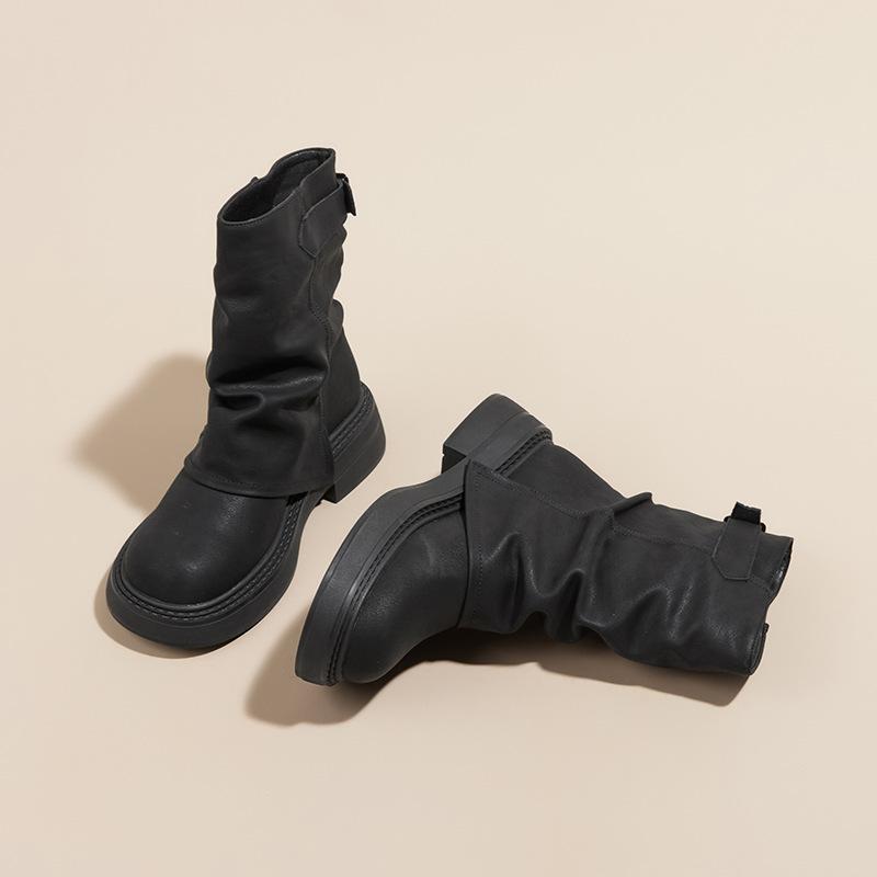 Martin-Stiefel mit dicker Sohle für Damen 2025 Herbst und Winter neue Retro-Kurzschaft-Falten-Stapel-Hosen-Schaftstiefel Western-Ritter-Kurzstiefel