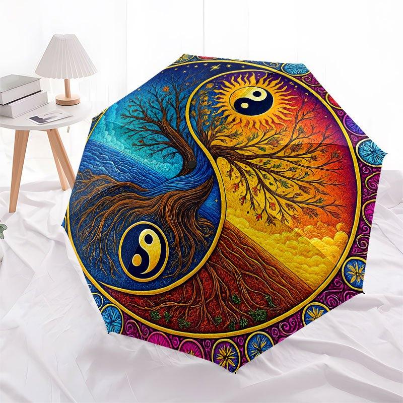 Yin Yang Tree of Life Wall Art Decor Umbrella, Portable 3-Fold Compact Umbrella for Men & Women R160