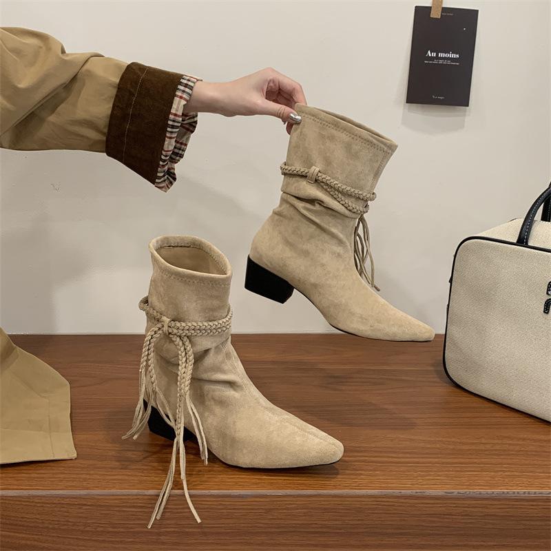 

Heel braided strap stacking boots autumn and winter matte suede western boots retro pointed mid tube knight boots 39 хаки