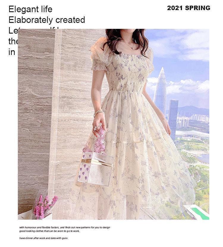2025 Summer Floral Chiffon Dress: Puff Sleeve, Waist-Slimming, Short Sleeve