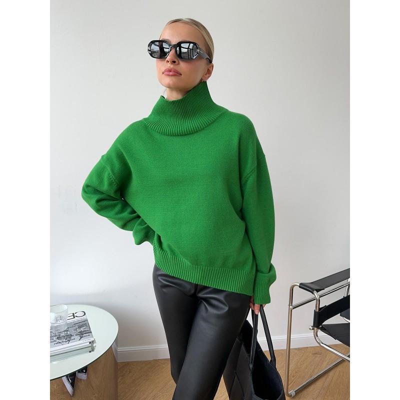 Womens Oversized High-Neck Knit Pullover Sweater Soft Thick Plain Color Casual Long Sleeve Top