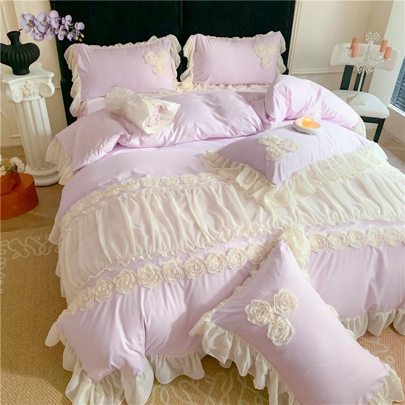 4Pcs Korean Princess Style Flowers Lace Ruffles Bedding Set Queen King Duvet Cover Bed Skirt/Bed Sheet/Fitted Sheet Pillowcase