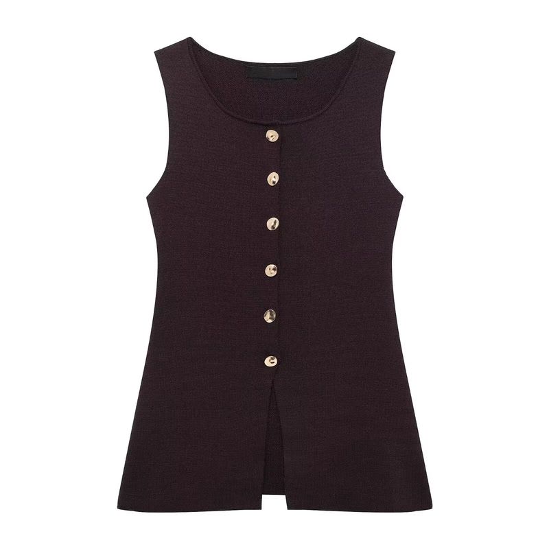 Spring New Arrival Knitting Sleeveless Tops Fashion Casual Round Neck Golden Button Plain Stitch Vest 4192100