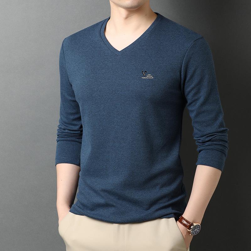 Spring New Cotton Sweetheart V-neck Long-sleeved T-shirt Men's Fashion Korean Style Casual Loose Men's Bottoming Shirt