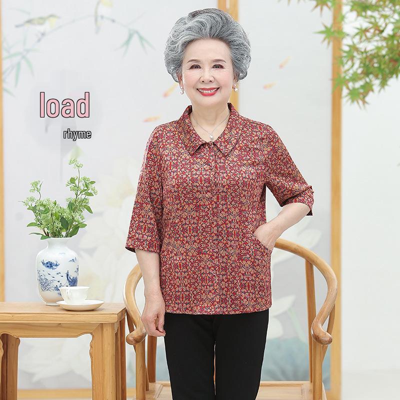 

2026 New Style Short-Sleeved Summer Shirt for Elderly Women: High-End Imitation Silk XL (100-110 lbs) червоний