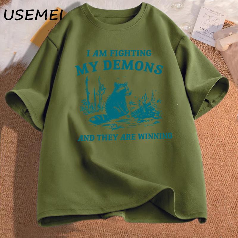I Am Fighting My Demons Raccoon Meme T Shirts Funny Graphic Printed T-shirt Men Women Fashion Harajuku Retro T-shirt Cotton Top