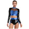 Womens Metallic Shiny Clubwear Outfits Snakeskin Pattern Print Long Sleeve Crop Tops+High Waist Shorts for Raves Disco Dance Top