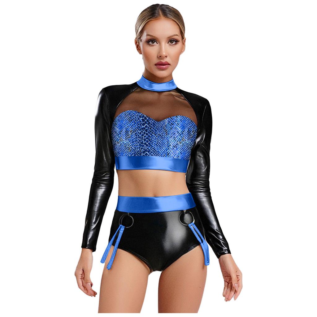 Womens Metallic Shiny Clubwear Outfits Snakeskin Pattern Print Long Sleeve Crop Tops+High Waist Shorts for Raves Disco Dance Top