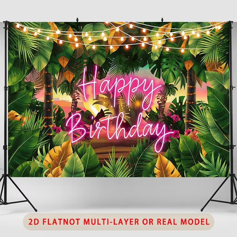 2D Tropical Jungle Backdrop with Pink Neon "Happy Birthday" & String Lights