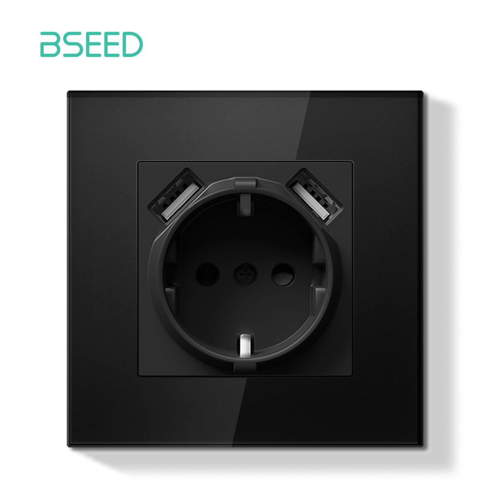 BSEED Switch Light Switch Black Glass Frame Wall Power Sockets USB-C Phone Charge E-Series EU Standard 1 Way