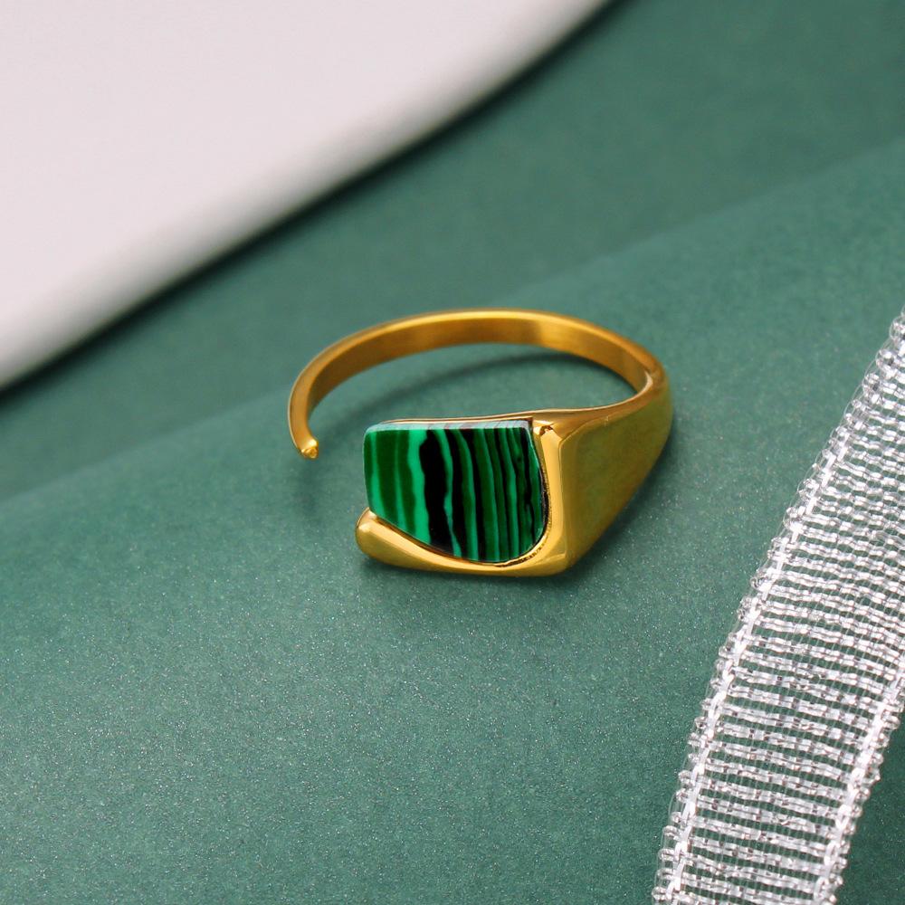 Vintage Malachite Adjustable Ring for Women – 18K Gold Plated Open Band Stainless Steel Fashion Statement Jewelry**