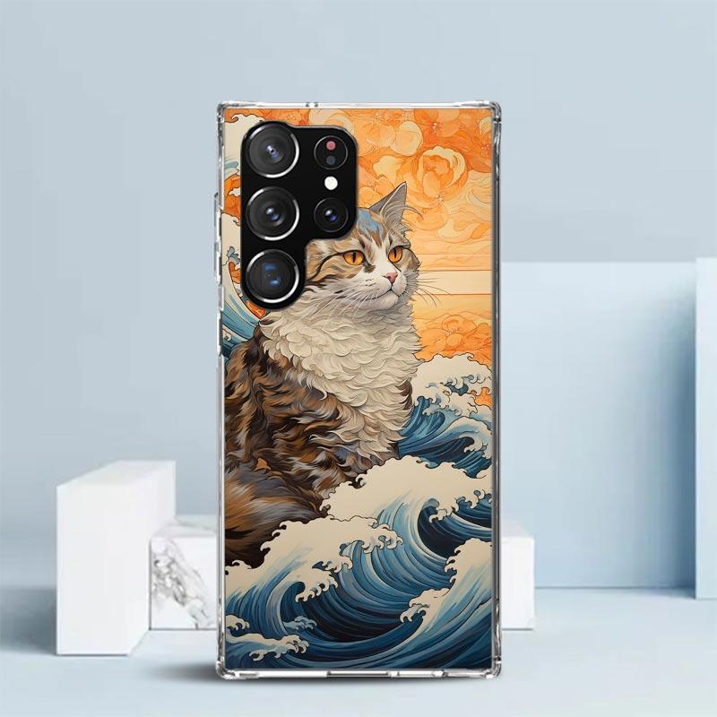 Anime Cat Sea Wave Aesthetic Phone Case For Samsung Galaxy S24 S25 Edge S26 Ultra S22 S23 Plus S21 + S20 FE Soft TPU Back Cover