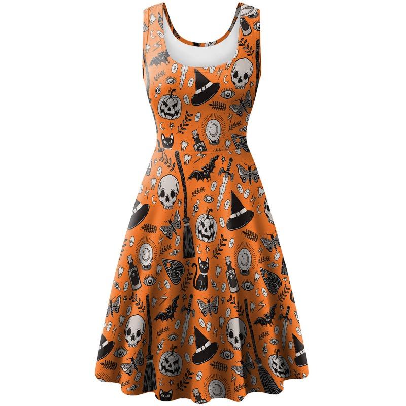 

Halloween dress European and American women s clothing women s sleeveless vest pumpkin skull digital printing skirt women XL