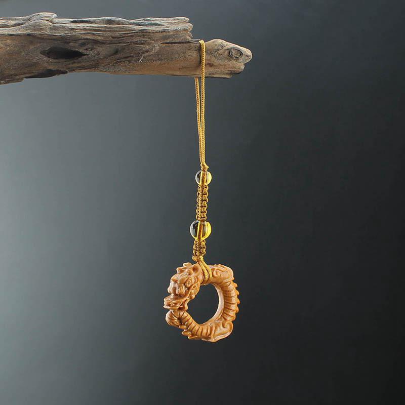 Sandalwood Dragon Carved Ring Buckle Keychain & USB Drive Lanyard Pendant for Men and Women