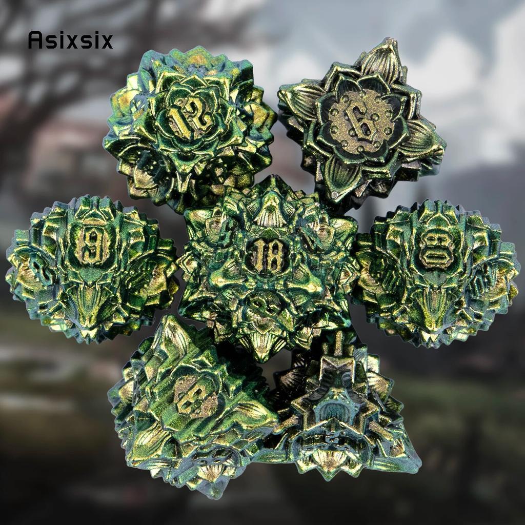 7 Stück grün-gelbe Lotusblüten-Metallwürfel aus massivem Metall, polyedrisches Würfelset, geeignet für Rollenspiele, RPG-Brettspiele, Kartenspiele