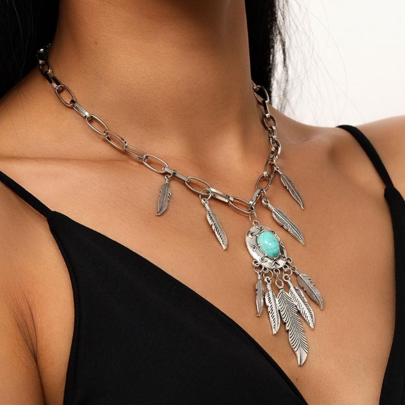 Pack of 2 Ethnic Turquoise Feather Chokers with Antique Alloy Finish Adjustable Length Bohemian Fashion Accessories