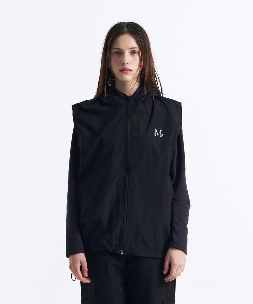 Mucent Tech Nylon Hooded Vest Sleeveless Anorak Windbreaker Vest (Black, Charcoal)