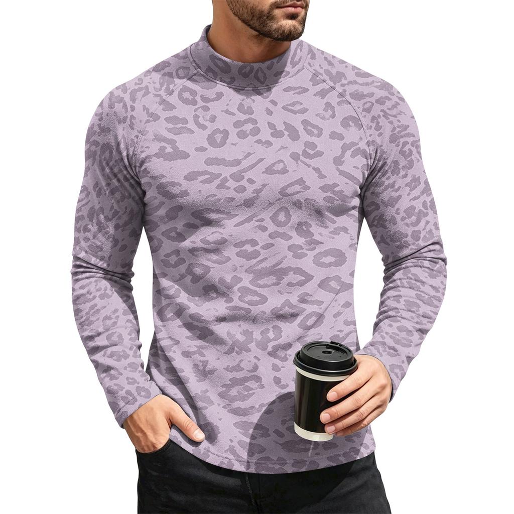 Men's Leopard Print Long Sleeve Crewneck Base Layer Shirt for Fall Winter Everyday Wear