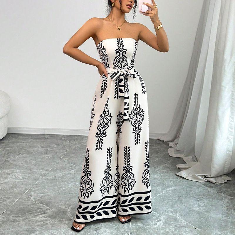 

Women s Spring and Summer Fashion Print Jumpsuit Wide Leg Slim Fit Tied Jumpsuits White S