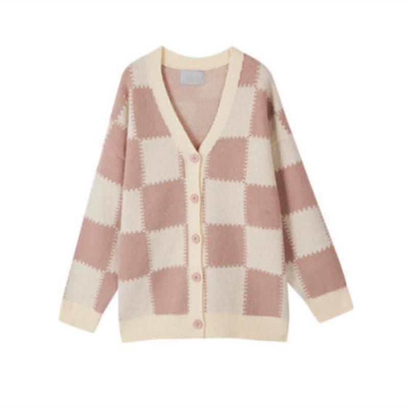 2025 autumn new loose casual cardigan long-sleeved sweater, gentle small fragrance checkerboard v-neck jacket women