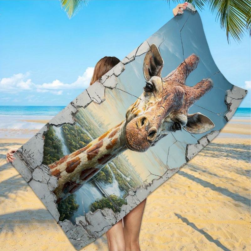 

1pc 3D Cracked Effect Giraffe Print Beach Towel - Ultra-Soft Microfiber Quick-Dry Large Rectangular Pool Towel with Realistic W40*H60(CM)