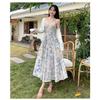 French blue oil painting long dress seaside vacation beach dress floral suspender dress women's spring high-end women's clothing