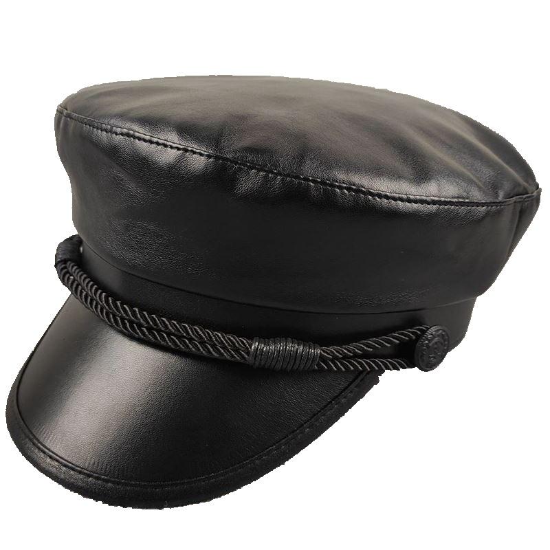 New PU leather navy hat leather flat top hat casual fashion sealing military hat big head circumference men's hat women's hat batch