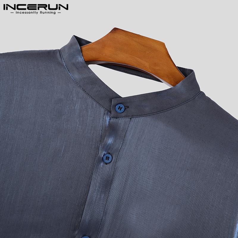 INCERUN Ανδρικά Γκλίτερ Πουκάμισα Μακρυμάνικα Κουμπιά Μονόχρωμα Ανοιχτή Πλάτη Τοπ με Μπαντάζ