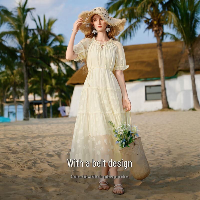 Women's French Puff Sleeve Embroidered Tassel Dress