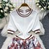 Women Fashion Knitting Sweater Patchwork Chiffon Dress Summer Short Sleeve Casual Floral Print Pleated Vacation Holiday Midi Sundress
